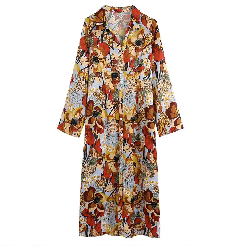 

Women Autumn Shirts Dress 2021 Vintage Floral Print Turn-down Collar Female Elegant Street Mid-Calf Dresses Vestidos