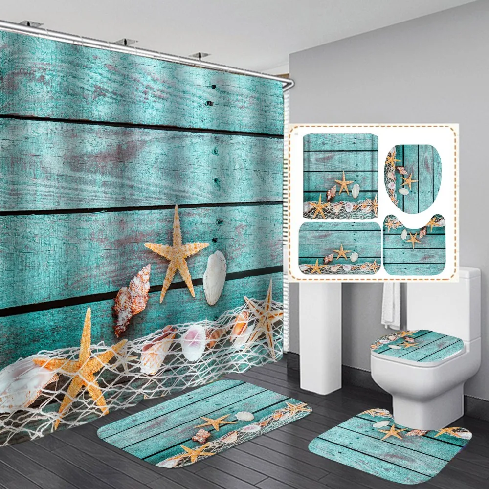 

Blue Starfish Shower Curtain Set Natural Sky Plants Bathroom With 12 Hooks Decoration Washable Polyester Fabric