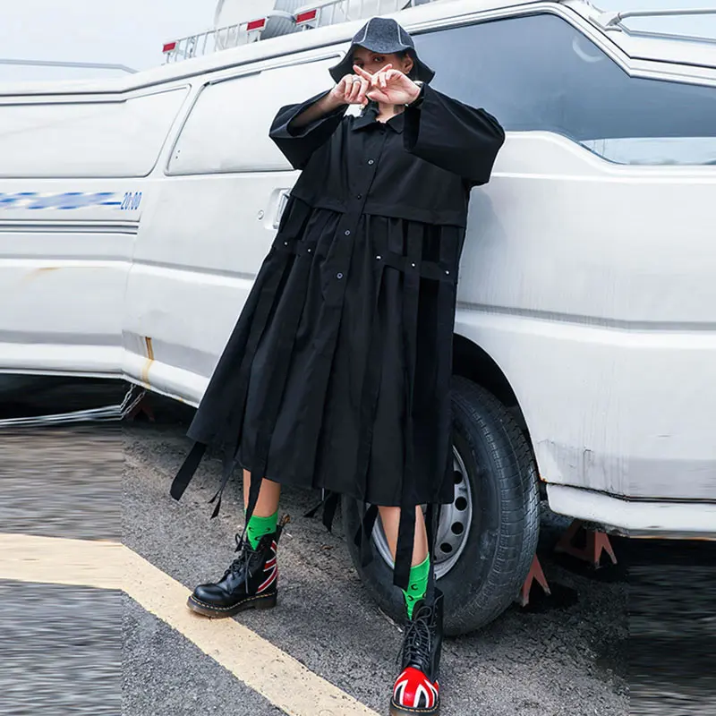 XITAO Плиссированное черное миди платье Женская мода 2019 осень отложной воротник с