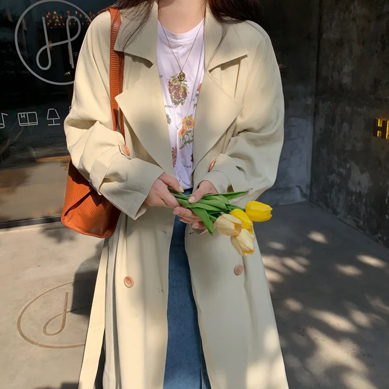 

Fashion Korean Style Oversized Women's Trench Coat Double-Breasted Long Office Lady belted Windbreaker A205