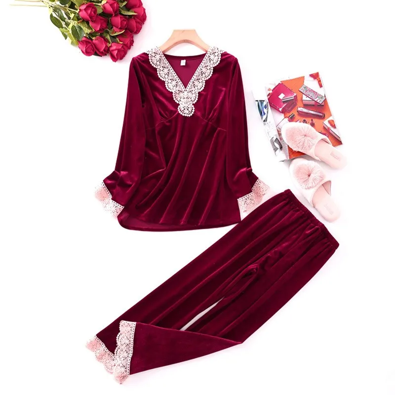 

Autumn new 2PCS Sleep Set Pyjamas Home Clothing Pajamas Suit Velour Women Nightwear Intimate Lingerie Velvet Sleepwear