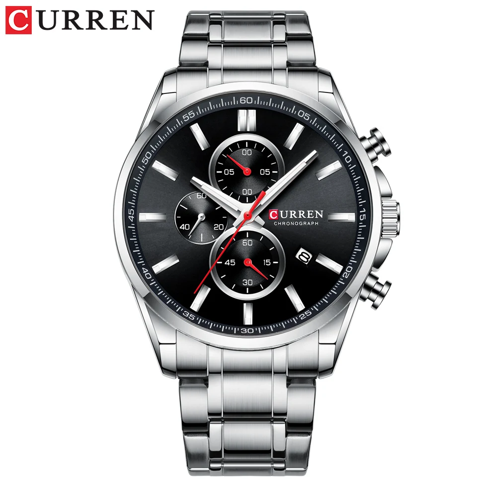 silver black Новинка, Curren часы, мужские брендовые модные спортивные кварцевые часы с хронографом, мужские часы из нержавеющей стали, часы с датой, светящиеся указатели - Цвет: silver black