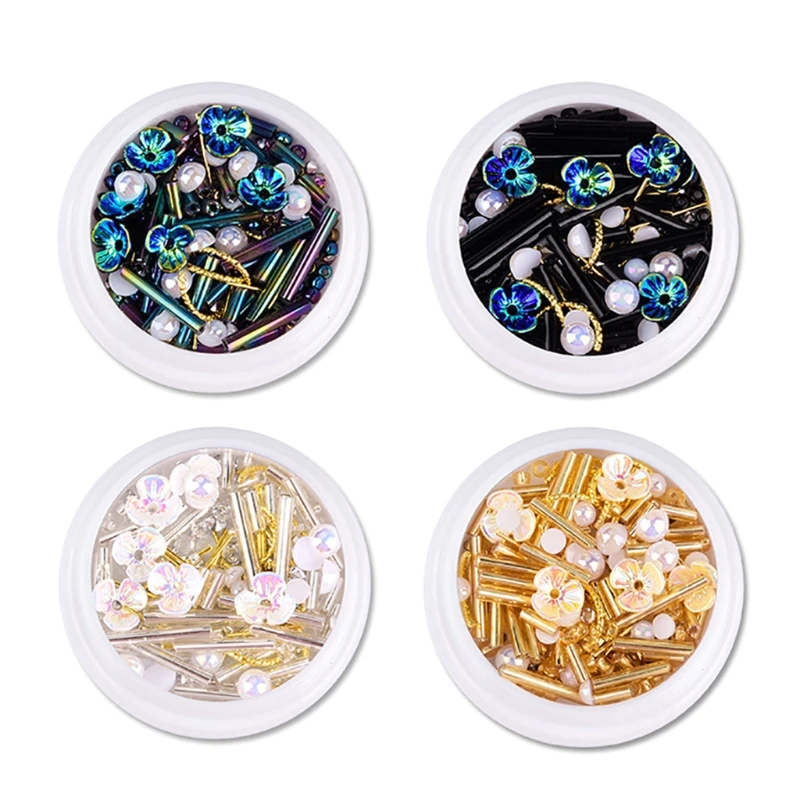 

Flower Nail Rhinestones Mixed ABS Flower Sparkle Multi-Shaped Gems Set Colorful Pearl Beads Artificial Gradient