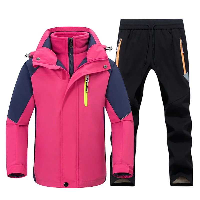 rosy black TRVLWEGO/детский походный костюм, детская Водонепроницаемая теплая походная куртка и штаны для мальчиков и девочек, зимняя Лыжная и туристическая одежда - Цвет: rosy black