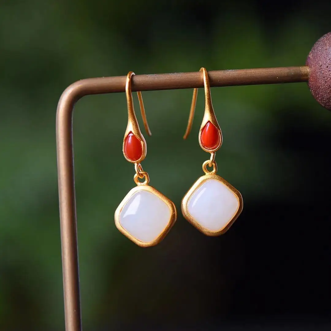 

Natural 925 Silver Inlaid Hetian Jade Square with South Red Earrings