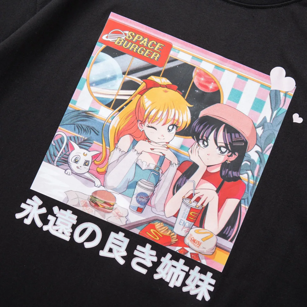 

JING ZHE T-shirt Men Cartoon Anime College Girls Kanji Printed Streetwear Couple Harajuku High Street Oversized Tee Tops Summer