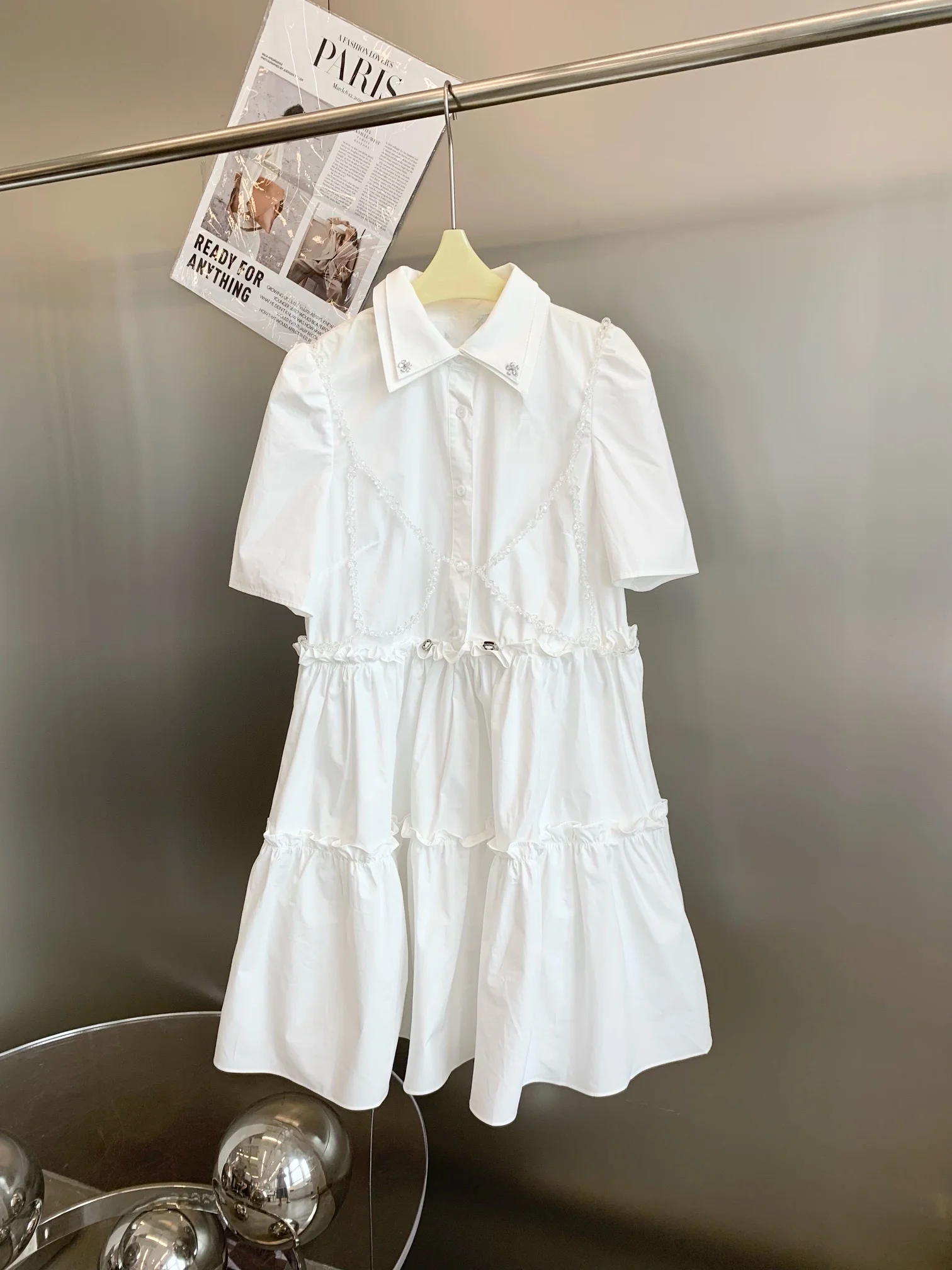 

High-end Chic Mini Dress Women Summer 2021 High Quality Solid Short Dress Luxury Brand Short Sleeve Beading Patchwork Dresses