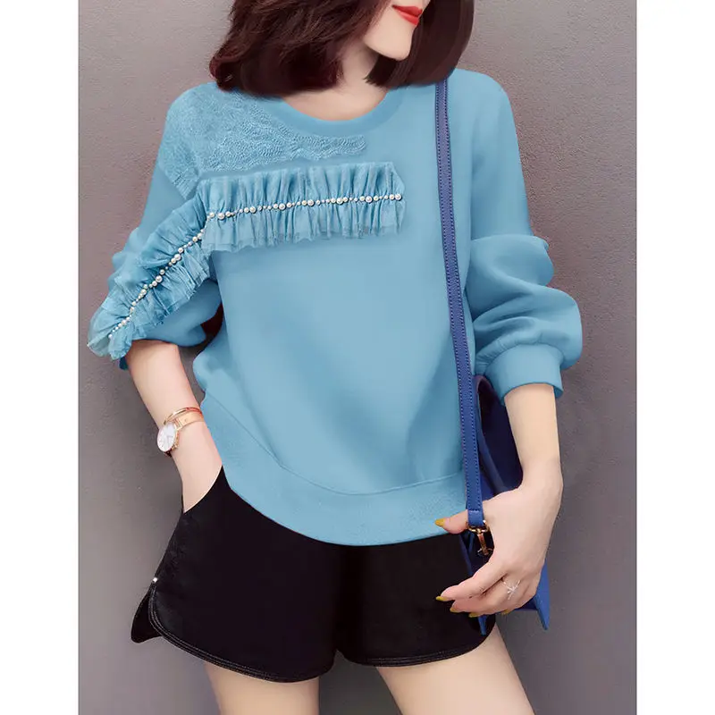 

Fashion design nail bead blue sweater women's 2021 autumn and winter new fashion casual top