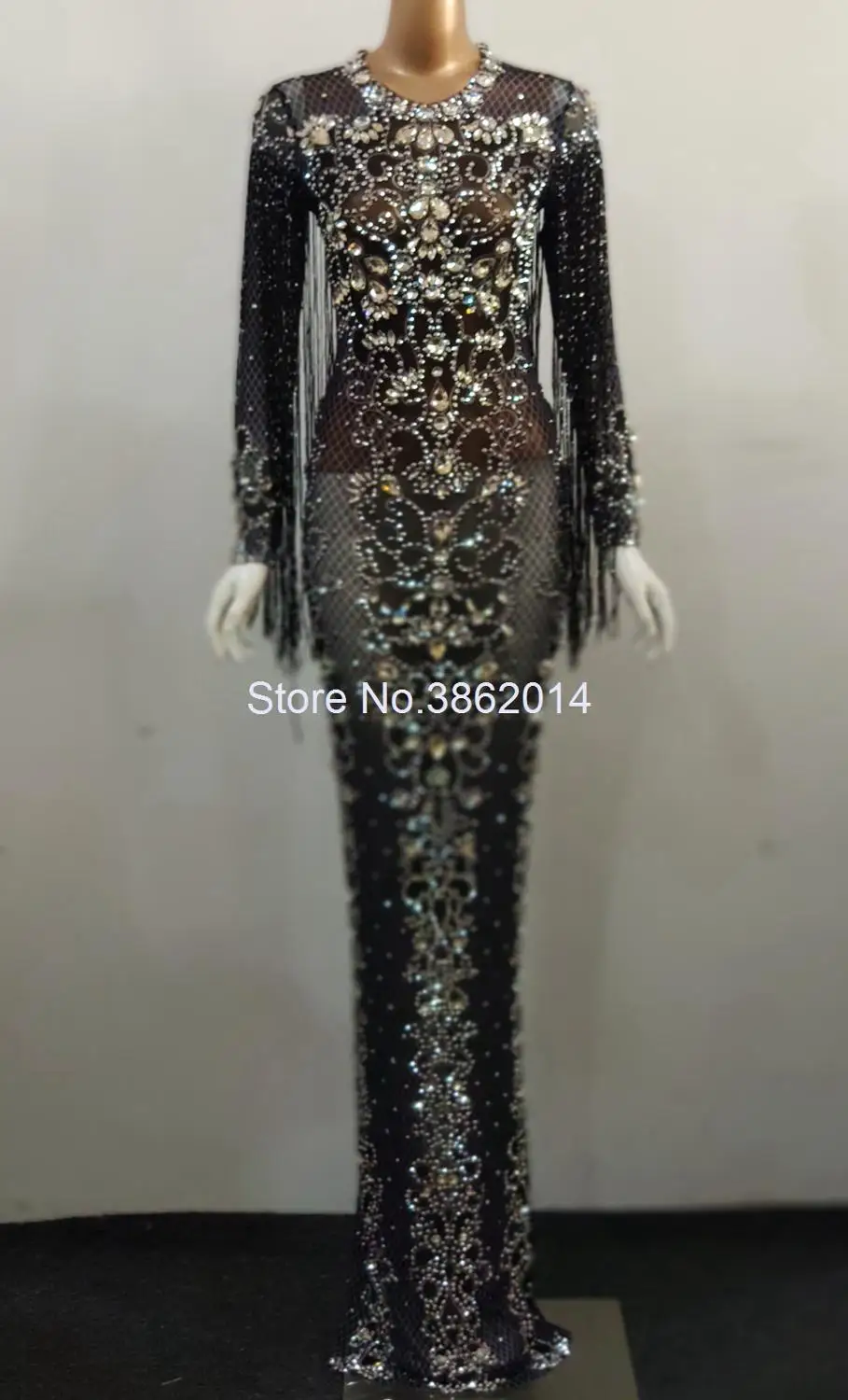 Черное прозрачное длинное платье из сетки с блестящими кристаллами вечерние