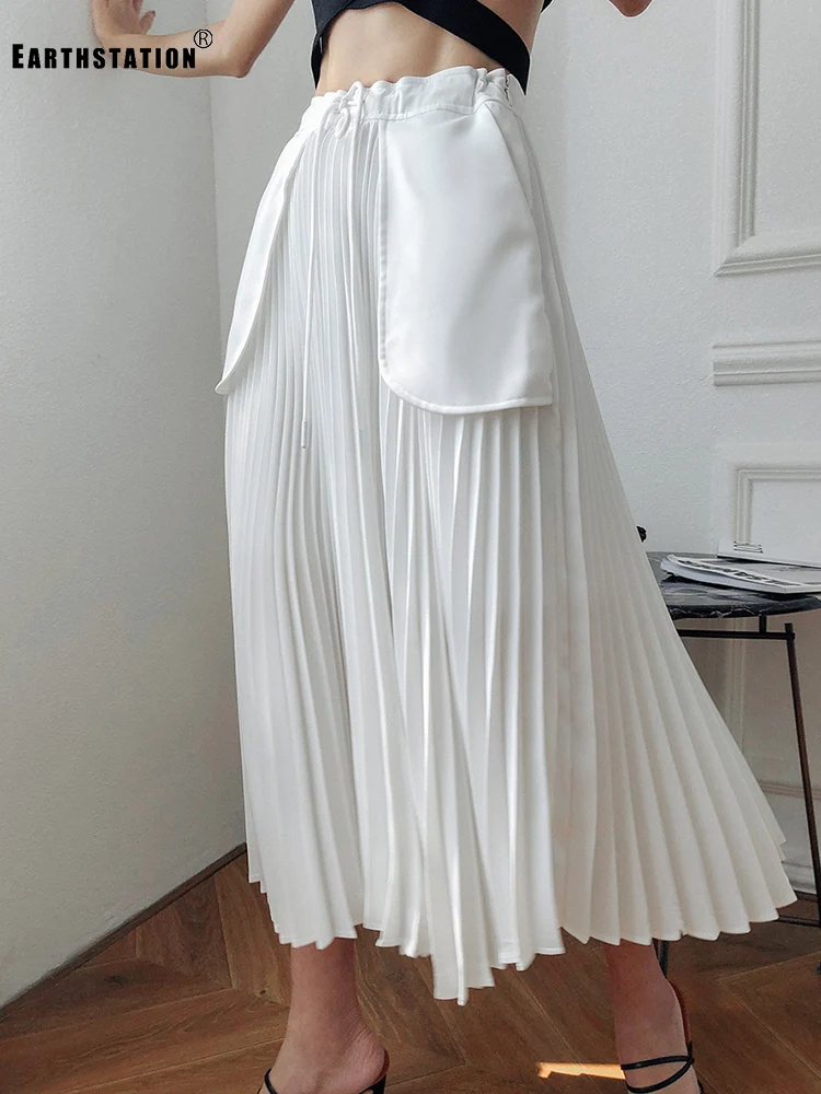 

Retro solid color lace high waist pocket decoration loose pleated skirt ladies summer new fashion all-match fluffy skirt