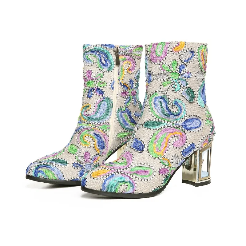 

Dilalula Ethnic Print Flower women's Boots Mixed Color Crystal High Strange Heels Brand Quality Booties Ladies 2021 Shoes Woman