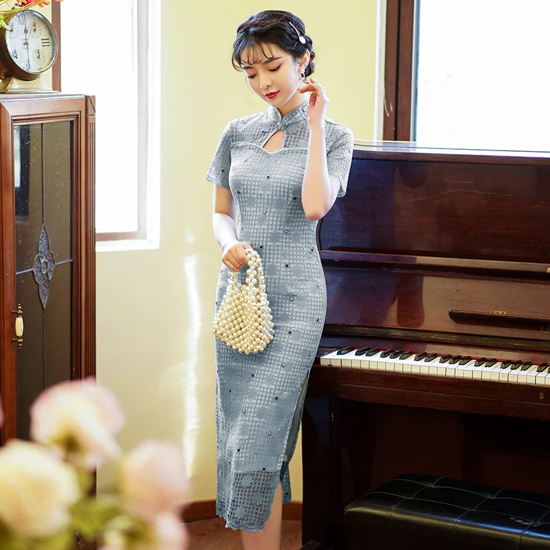 

Пикантное кружевное китайское традиционное платье с вышивкой, элегантное облегающее вечернее платье-Ципао для выпускного вечера, винтажно...