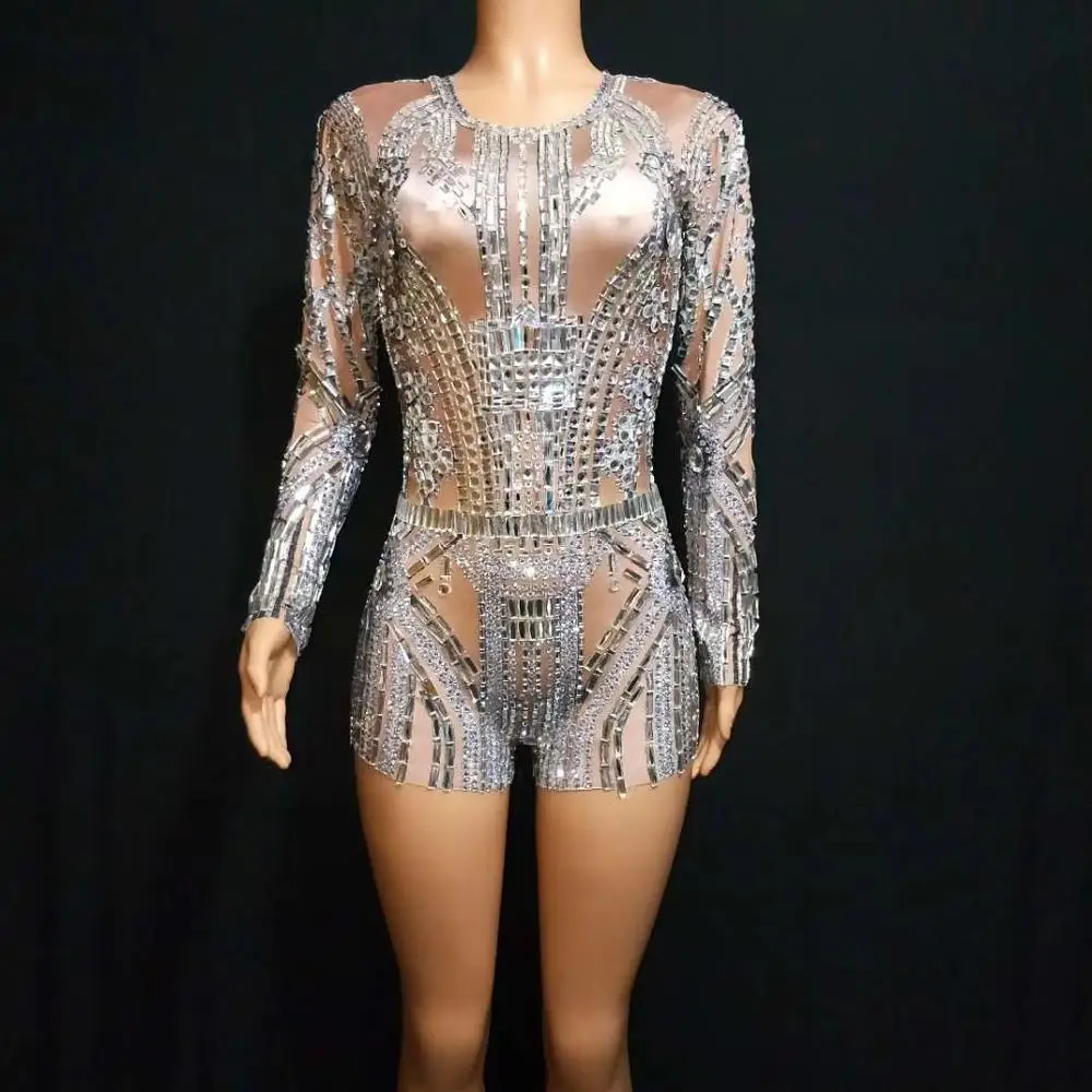

Women Fashion Tight Fitting Jumpsuits Female Sexy Nightclub Crystals Sequin Pole Dance Costumes Women's Shining Stage Clothing