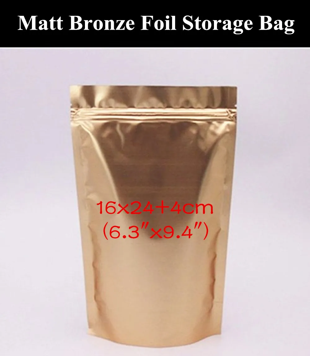

50pcs 16x24+4cm (6.3"x9.4") 220micron Matt Bronze Aluminum Foil Ziplock Bag Recloseable Moisture-proof Bronze Zip Packaging Bag