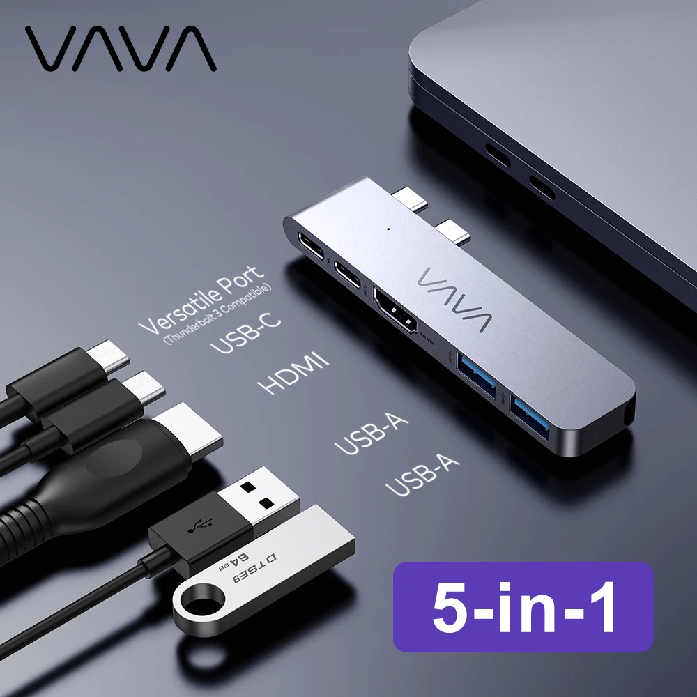 

VAVA 5-in-1 USB-C Hub Dual-Monitor Adapter 5K 60Hz High Speed USB 3.0 Dock Station Splitter 100W PD Charging For MacBook Pro