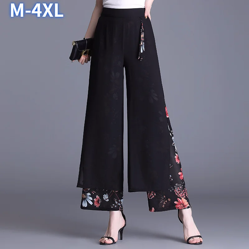 

Женские прямые шифоновые брюки с высокой талией, повседневные брюки большого размера с широкими штанинами и цветочным принтом