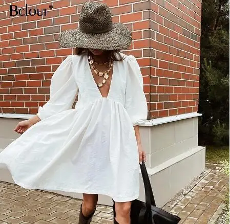 

Женское повседневное мини-платье с пышными рукавами и V-образным вырезом, Вечерние черные белые платья на пуговицах с длинным рукавом, осенн...