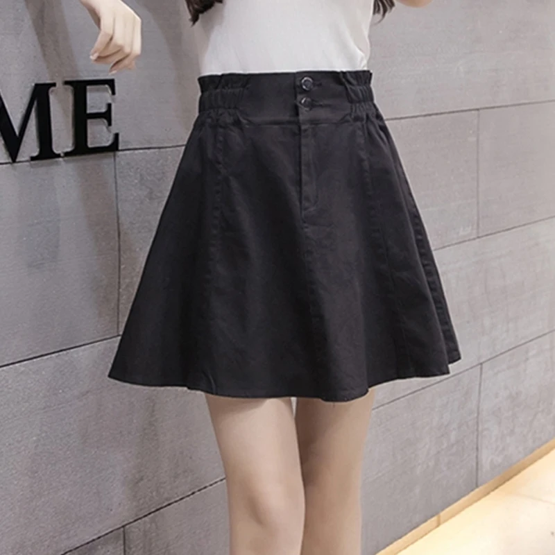 

Women A-line Casual Buttons Elastic-Waist Denim Short Skirts High Waist Summer Vintage Loose Solid Sweet Sexy Jean Skirts Female