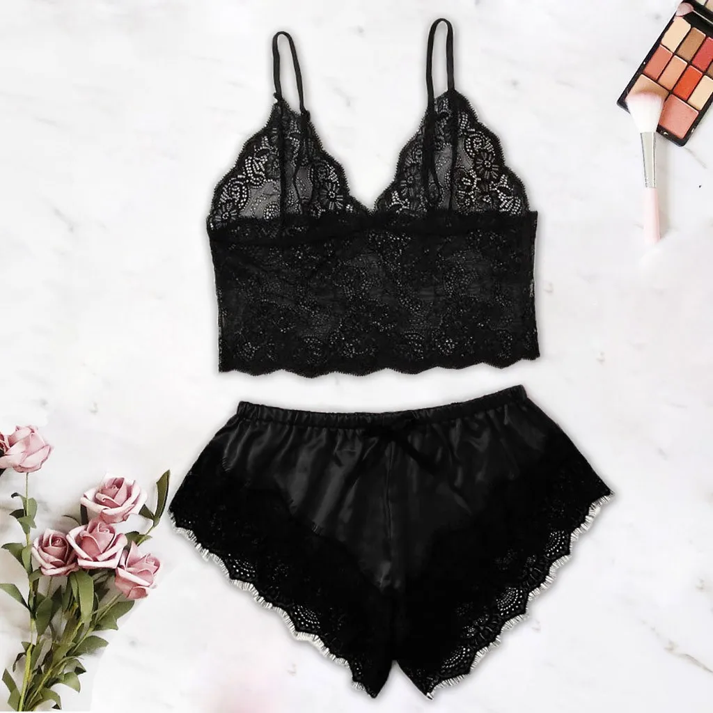 

Shorts Sleepwear Set Black Floral Lace Bowknot Sexy Deep V Neck Sleeveless Summer Pajamas for Women 2021 Pizama Damska