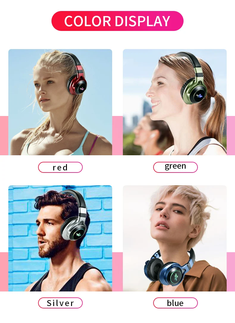 Светодиодный светильник, беспроводные наушники Bluetooth V5.0, мягкие большие наушники, 3D стерео гарнитура, 4 цвета, поддержка TF карты, FM, 3,5 мм, AUX