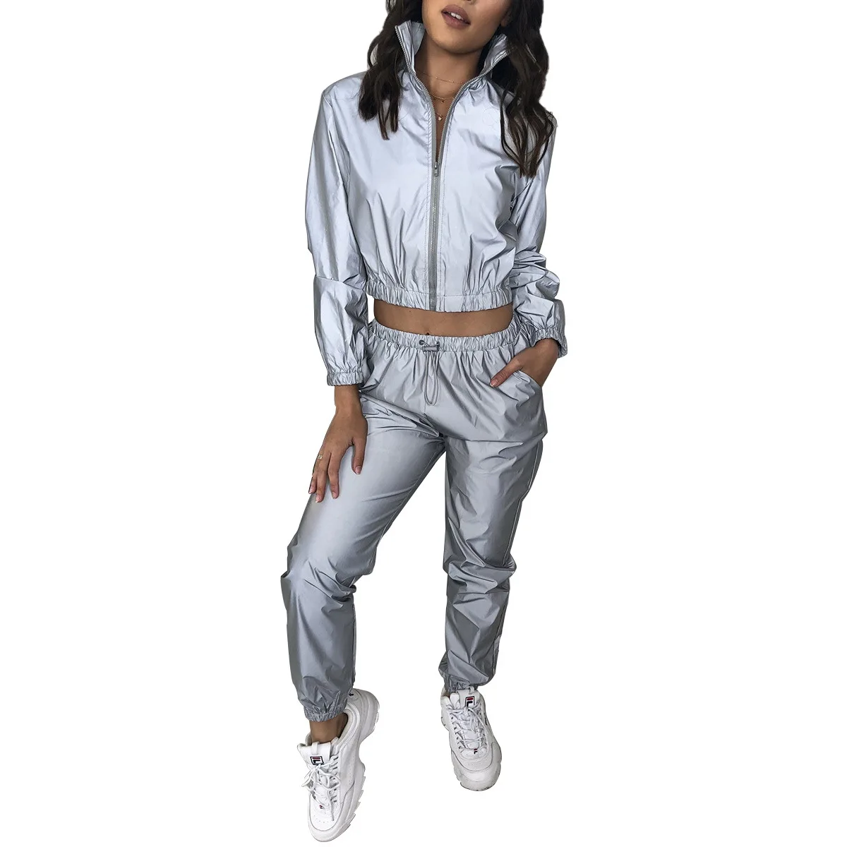 

HKSH Fashion Women's Suits Reflective Material Clothing Casual Suits Night Coat Long Sleeve Zippers Little Feet Pants