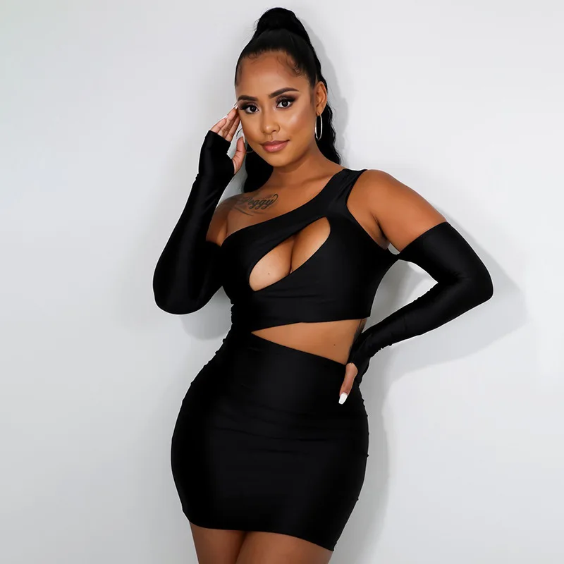 

Sexy Off One Shoulder Hollow Out Mini Women Dress Elegant Long Sleeve Black Pink Bodycon Night Club wear Party Dress Women Robe