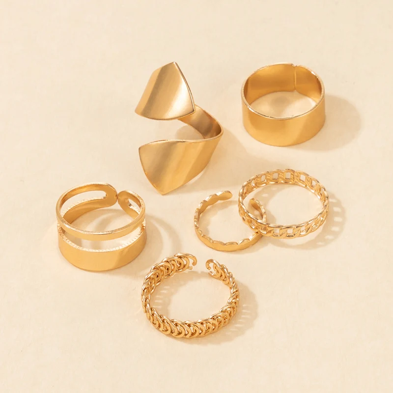 

docona 6pcs/sets Gold Color Irregular Geometry Finger Rings for Women Trendy Glossy Opening Metal Ring Set Jewelry Anillos 18418