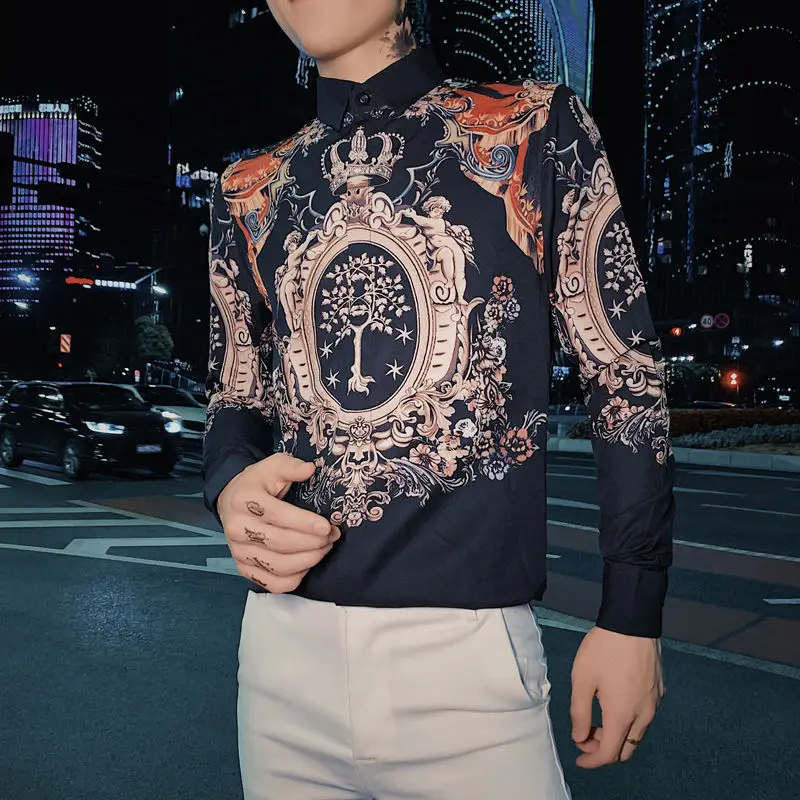 Рубашка мужская приталенная с длинным рукавом и цветочным принтом