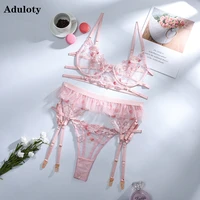 aduloty sexy lace embroidered pink flowers pattern perspective of hollowed out underwear erotic lingerie underwire gather 3pc