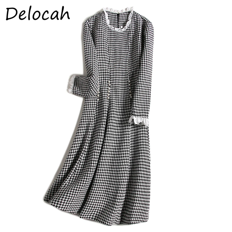 

Delocah Women Fashion Women RunwayParty Short Dress 3/4 Sleeve Beading Plaid Elegant Ladies Vintage A-Line Dresses vestidos
