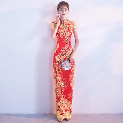 Женское вечернее платье с вышивкой элегантное китайское платье-Ципао блестками