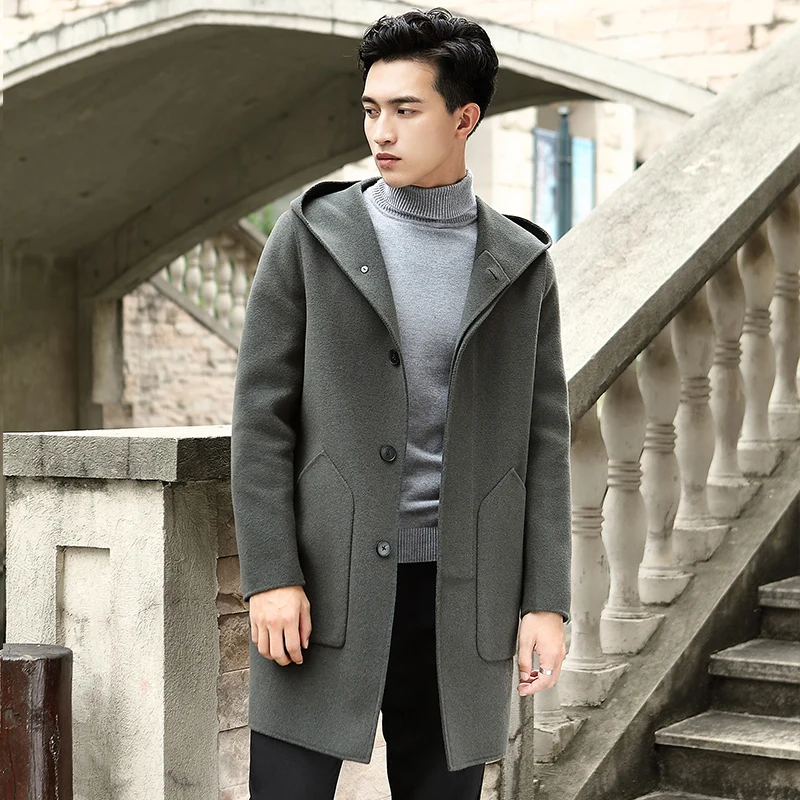 Пальто из натуральной шерсти осенне зимняя мужская куртка с капюшоном