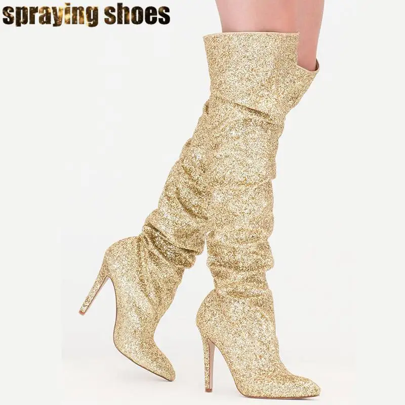 Golden Bling Блестящие, серебряные с украшением в виде кристаллов Стразы Женские ботильоны-лодочки на шпильке с острым носком высокий тонкий каблук Зимние туфли-лодочки обувь женская обувь, Большие размеры - Цвет: Golden