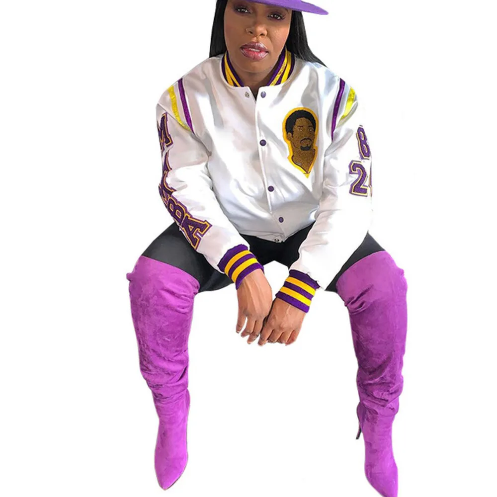 

Character Letter Print Fashion Baseball Coat Women Casual Buttons Up Full Sleeve Slim Jackets Activewear Workout Chaqueta Mujer