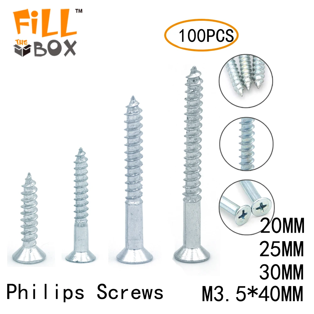 

M3.5 100PCS Poly box Wood Screws Countersunk Head Phillips Drive Steel Zinc Plated