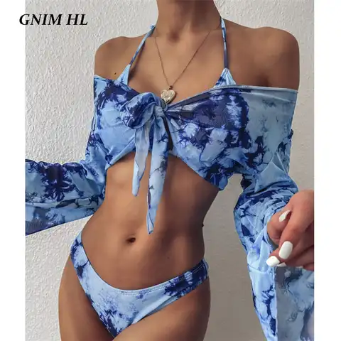 GNIM Long Sleeve Swimwear Women Bandage Bikini Mujer 2020 Summer Sexy Print Brazilian Swimsuit Female Three Pieces Biquini Set