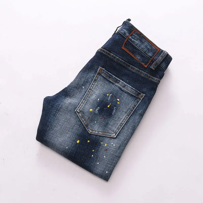 European Street Fashion Men Jeans High Quality Retro Blue Slim Fit Ripped Jeans Men Painted Designer Hip Hop Denim Punk Pants