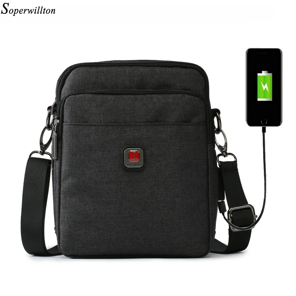 Мужская сумка через плечо Soperwillton с usb портом для зарядки мужская на ремне