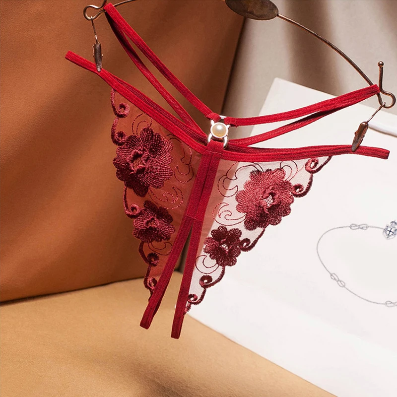 

Beaded sexy thong embroidered hollow transparent mesh slit thong temptation low waist ladies panties hot G-String