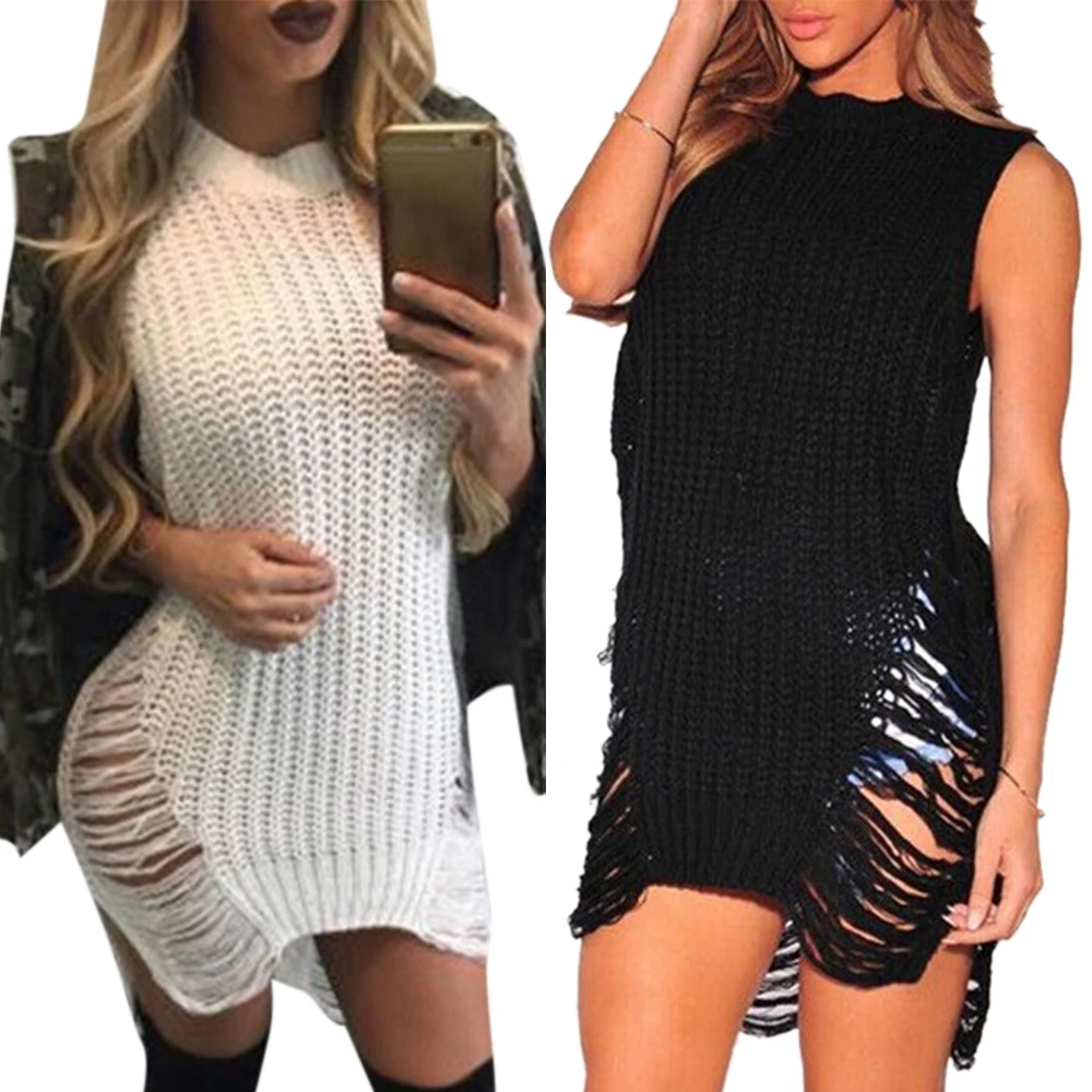 

VICABO Womens Sweater Dress Winter Clothes Fashion O-neck Sexy Hollow Out Knitted Dress Pullover Female Sweaters