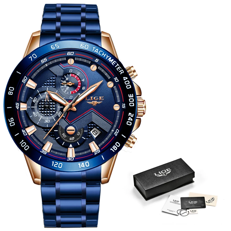 

2019 New Blue All Steel Mens Watches LIGE Top Brand Luxury Clock Men Business Waterproof Quartz Wristwatch Relogio Masculino+Box