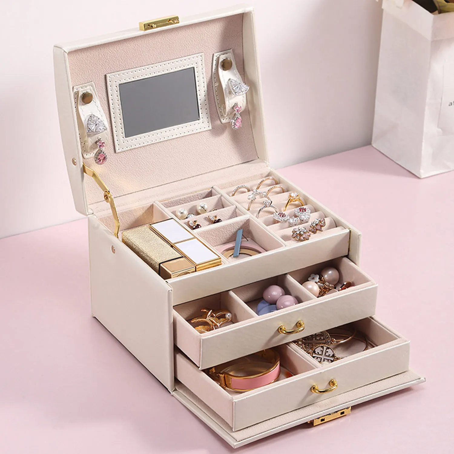 Шкатулка для драгоценностей Портативный 3-Слои искусственная кожа косметическая