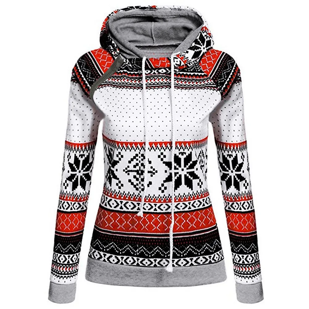 

Women Christmas zip up Hoodies Print Long Sleeve Patchwork Pullover Hooded Sweatshirt Tops Casual Winter clothing худи A25