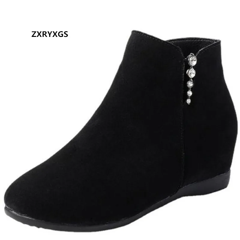 

Premium Frosted Cowhide Rhinestone Autumn Ankle Boots Flat Internal Increase Warm Shoes Winter Snow Boots Plus Size Woman Boots