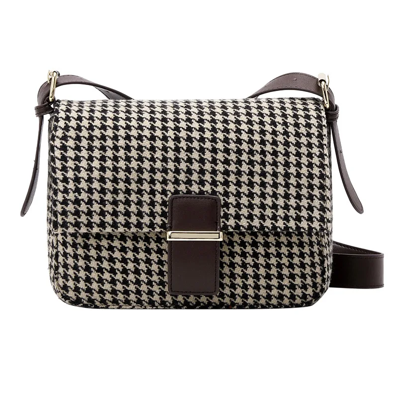 

Women's Large-Capacity Crossbody Shoulder Bag French Plaid Underarm Houndstooth Retro Woolen Bag