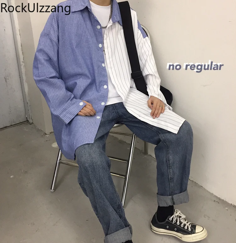 Блузка мужская оверсайз в полоску модная рубашка стиле пэчворк с длинным рукавом