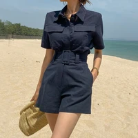 women two piece suit 2021 summer korean temperament slim body short lapel tops and high waist sashes shorts female solid sets
