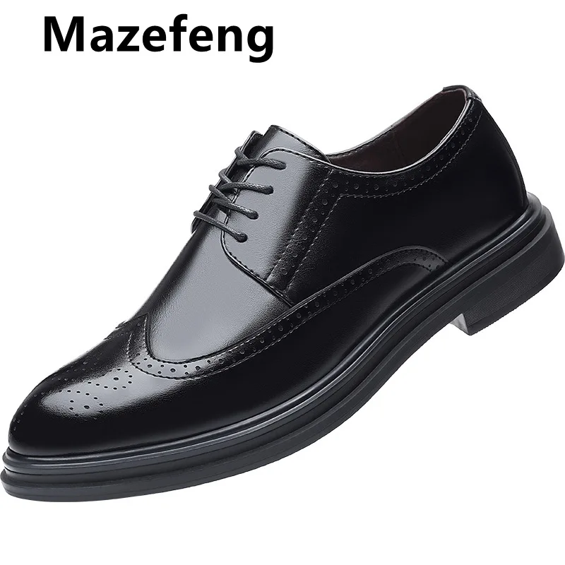 

New 2021 Flat Classic Men Dress Shoes Patent Leather Wingtip Carved Italian Formal Oxford Footwear Plus Size 38-47 for Winter