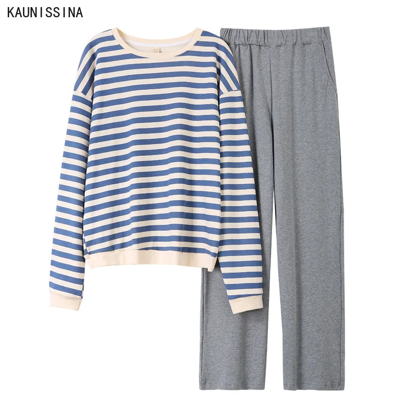 

Women Cotton Pajamas Set for Striped Spring Autumn Sleepwear O-Neck Long Sleeve Tops Elastic Waist Pants Pajama Homewear Sets