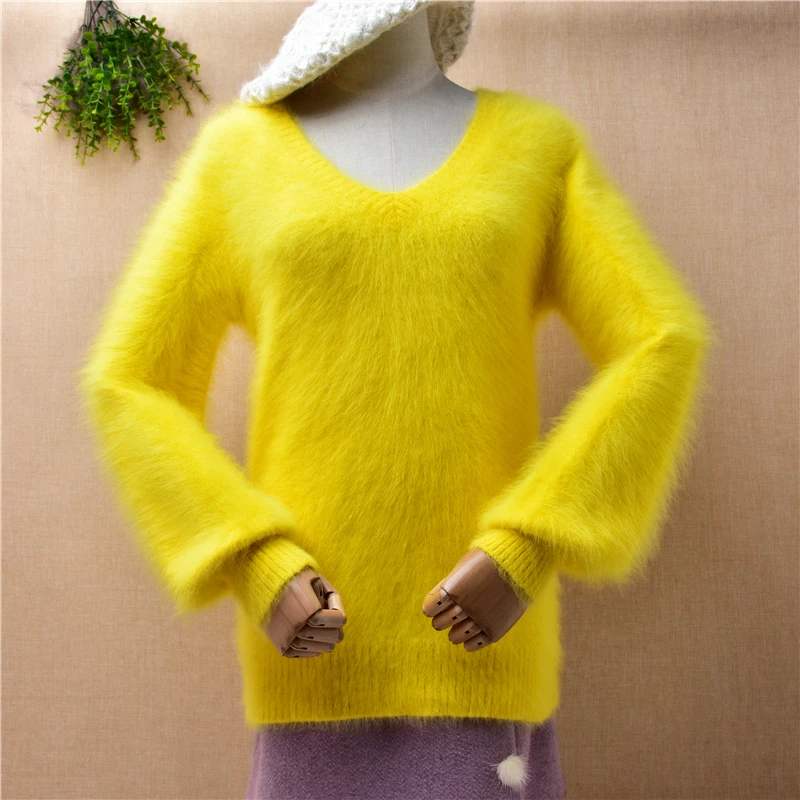 

ladies women fashion v-neck yellow hairy mink cashmere knitted long lantern sleeves slim blouses pullover angora fur sweater top